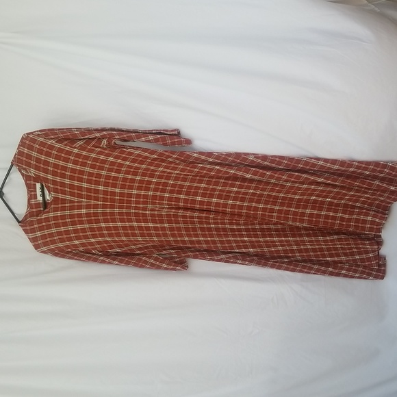 Flax L - women's rust/tan/peach/cream plaid 3/4 sleeve midi dress - Picture 1 of 5
